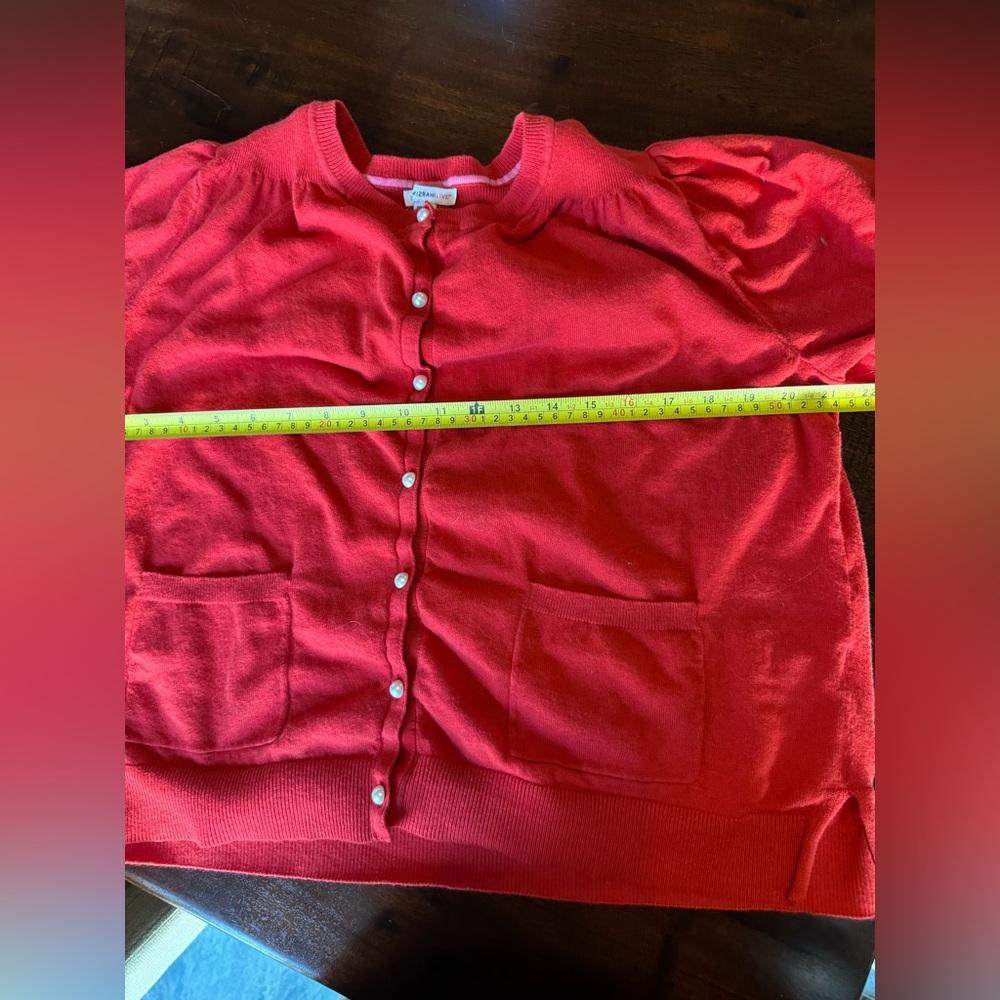 Isaac Mizrahi Live Red Button Front Cardigan L Pearl Buttons Pockets - Picture 4 of 7